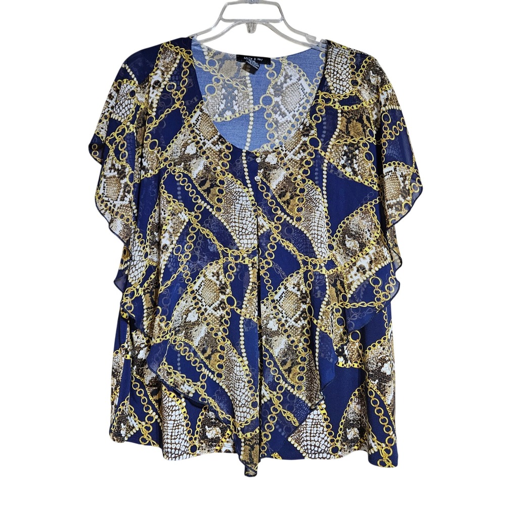 Navy Blue Scarf Print Snakeskin Gold Chain Ruffle Sleeve Blouse 3X Edgy Mob Wife